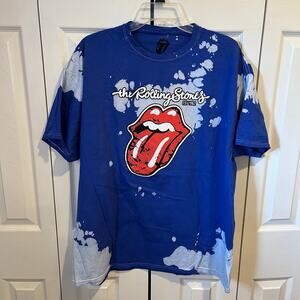 The Rolling Stones Hot Lips Logo Graphic Tee Bleach Tie Dye Blue White XL NWOT